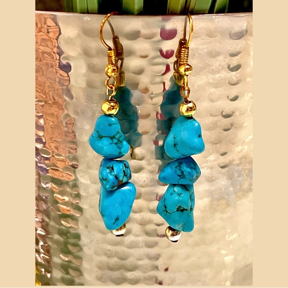 Natural Rough Turquoise Gold silver medium Dangle Earrings bohemian boho